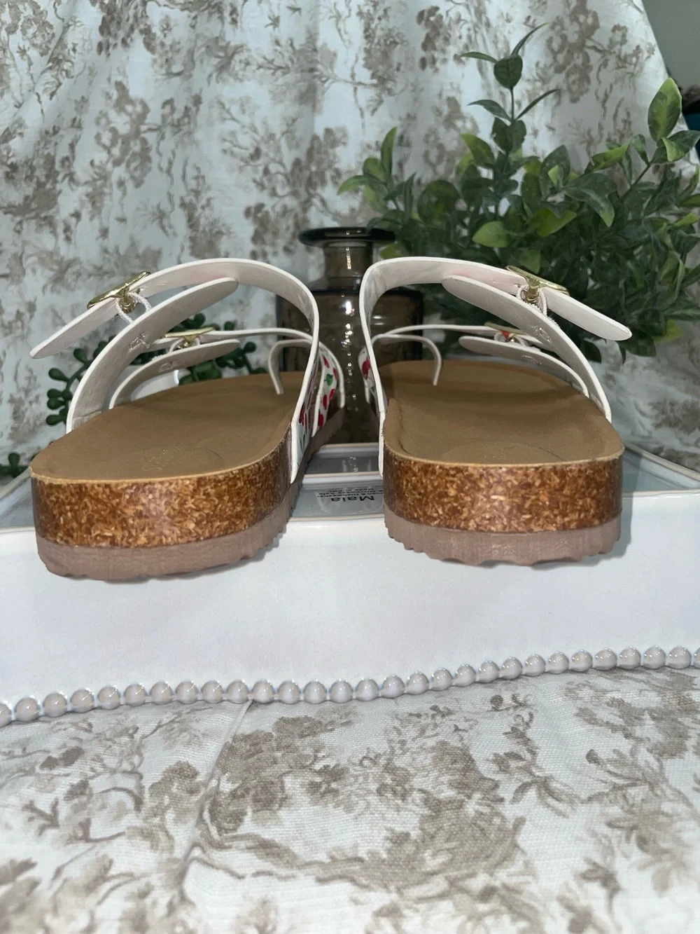 Steve Madden White Cherry Print Buckle Slide Sandals